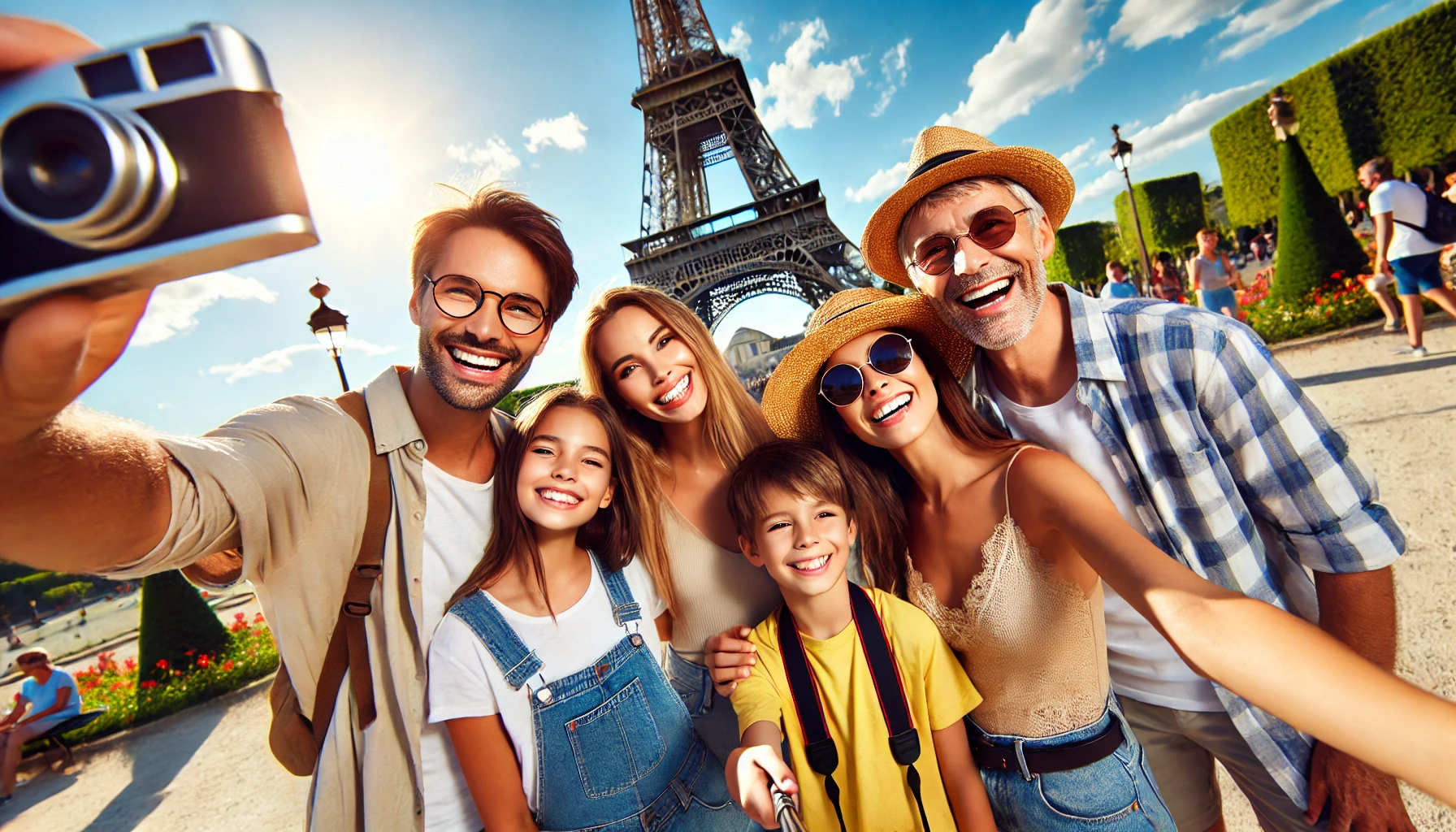 A joyful family of tourists posing for a photograph in front of the Eiffel Tower on a sunny day