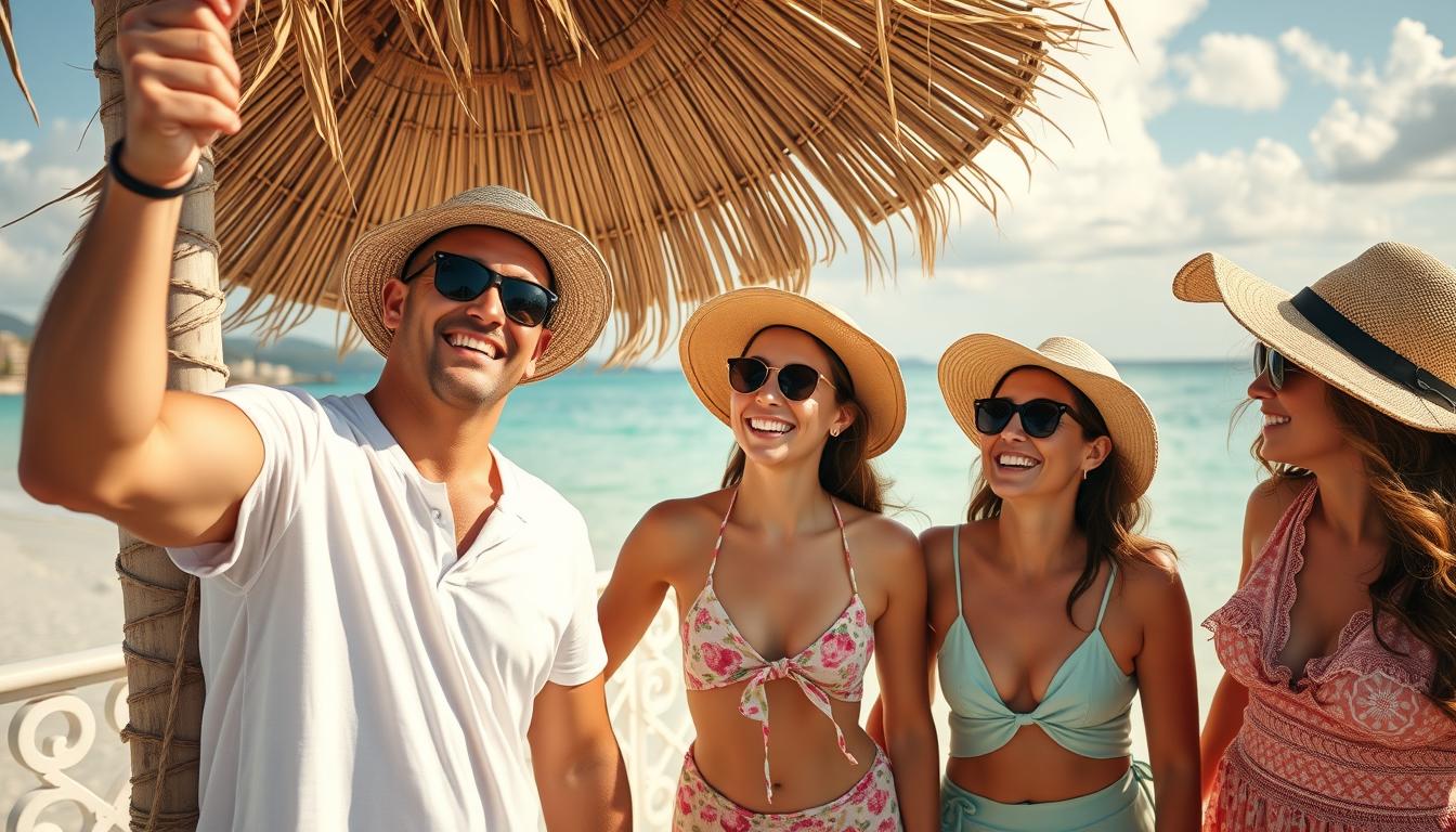 happy tourist family at the most luxurious beach vacation in-the Caribbeans